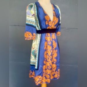 Boho silk v-neck dress. Orange beige and royal blues with black elastic waist. S